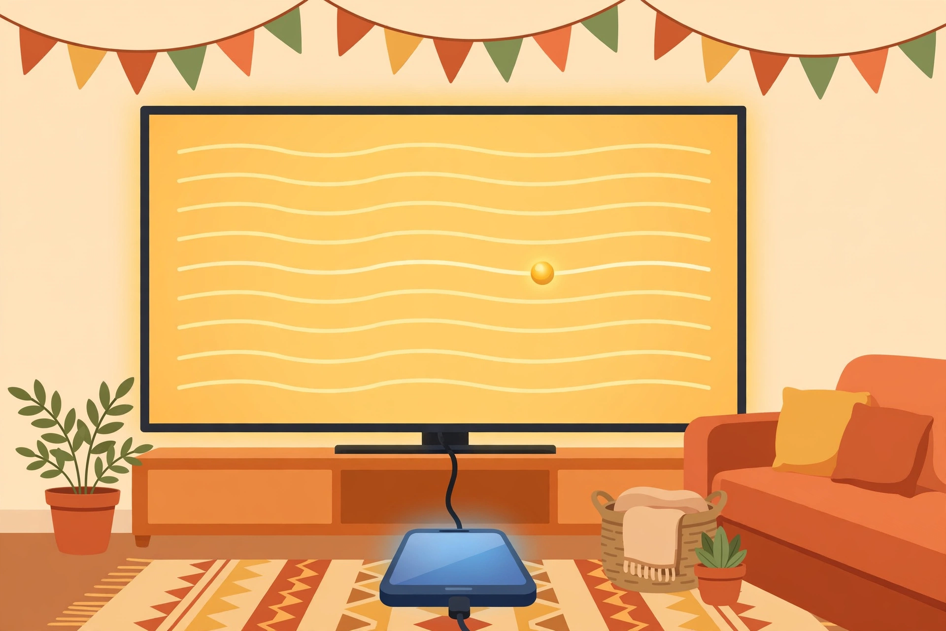 TV showing karaoke lyrics connected to a phone running LaSing Karaoke