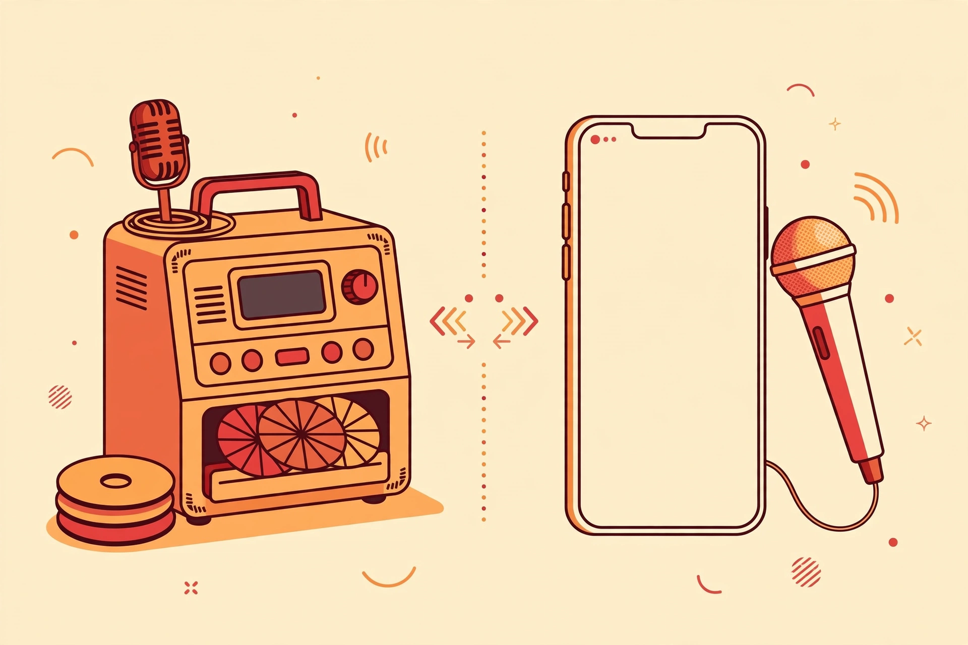 Classic videoke machine compared with a modern phone running LaSing Karaoke